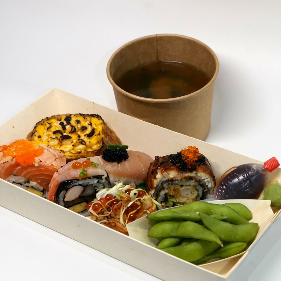 Sushi assortment with rolls, nigiri, corn, edamame, dipping sauce, and soy sauce in a takeaway box.