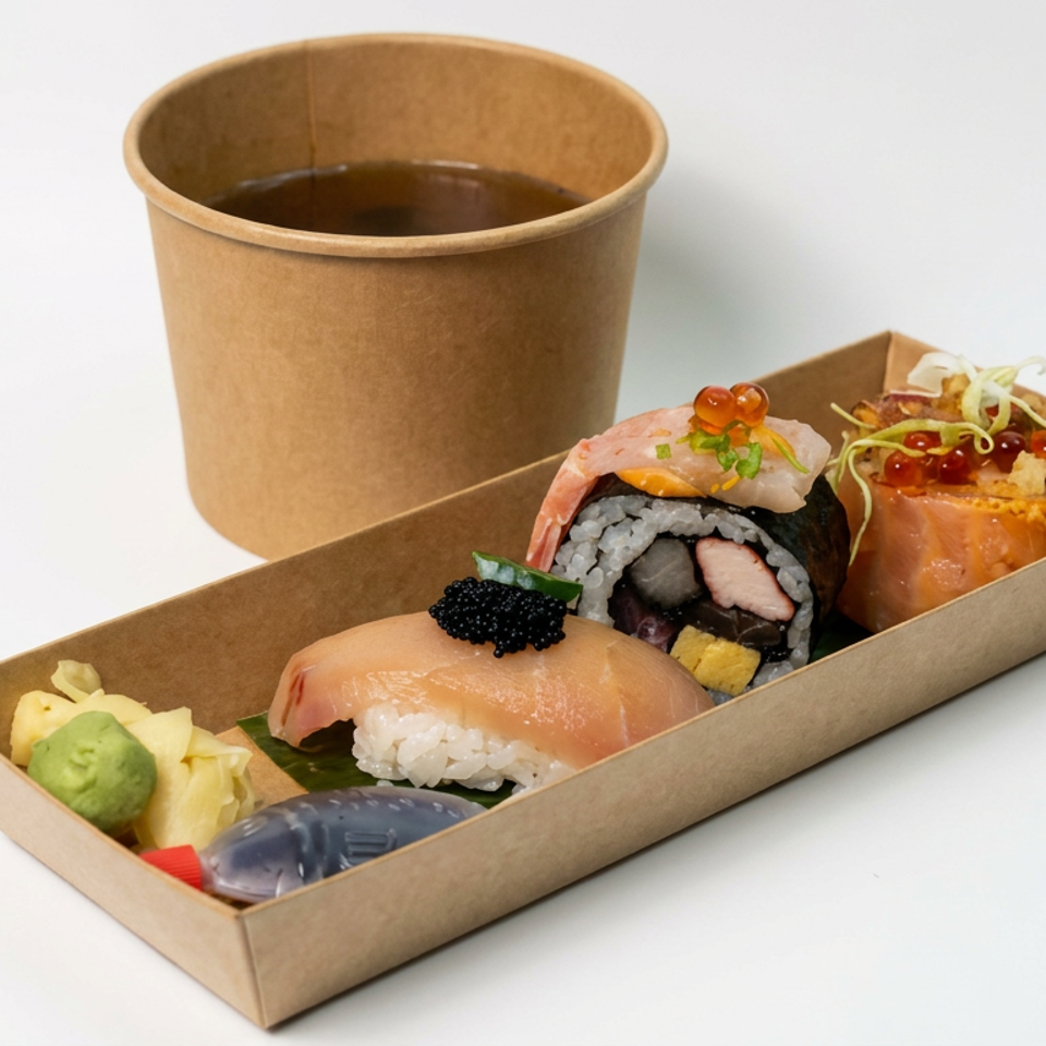 Assorted sushi in a cardboard takeaway tray with wasabi, pickled ginger, and black coffee in a paper cup.