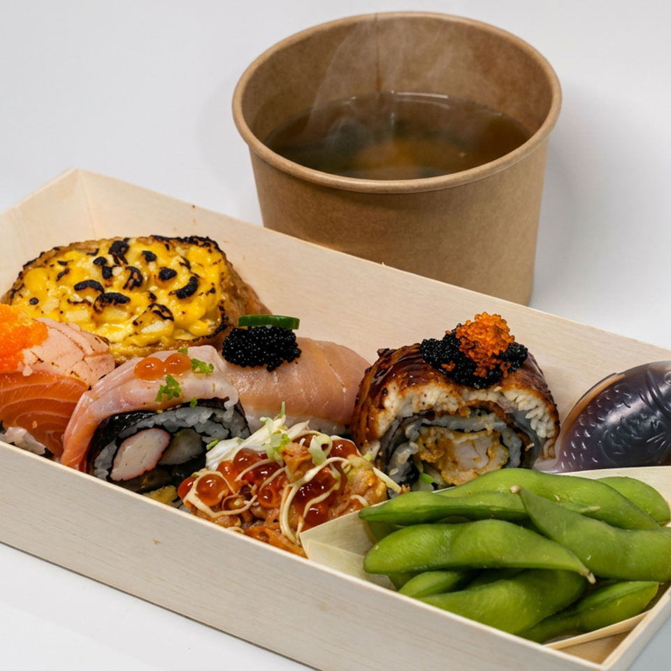 Wooden tray featuring assorted sushi rolls, salmon nigiri, edamame, wasabi, dipping sauce, and hot tea.