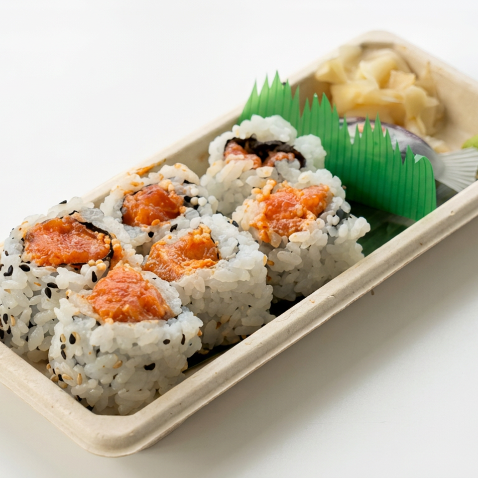 A tray of sushi rolls topped with orange fish roe, accompanied by pickled ginger, wasabi, and a divider.