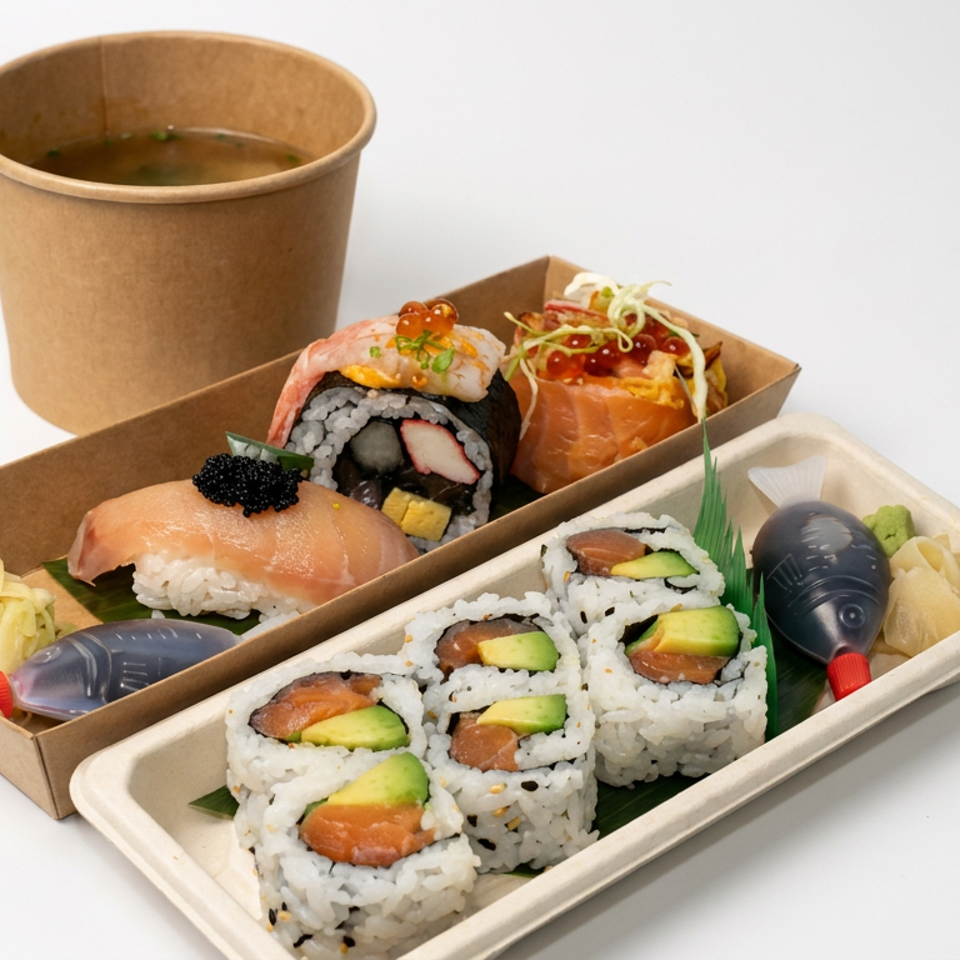 Assorted sushi rolls and nigiri with wasabi, ginger, soy sauce, and broth in takeaway trays.