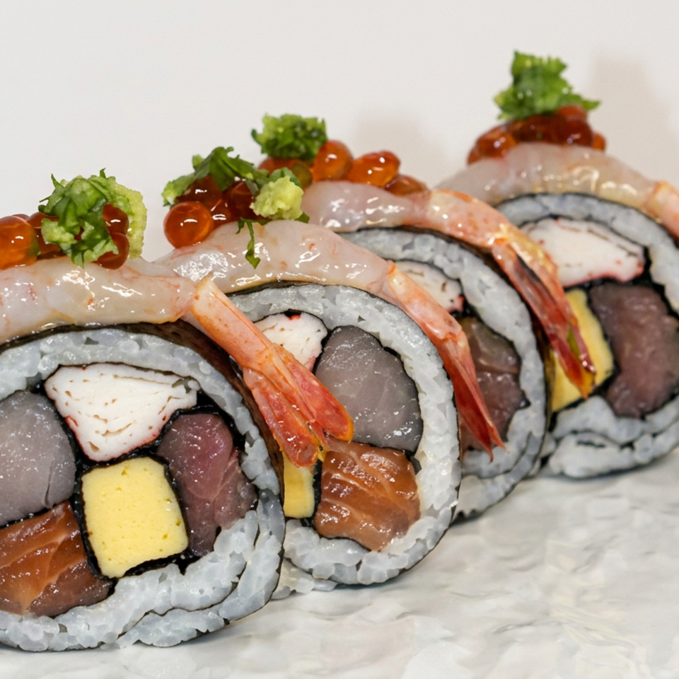 Three pieces of shrimp-topped sushi rolls garnished with salmon roe, leafy greens, and sauce on a white plate.