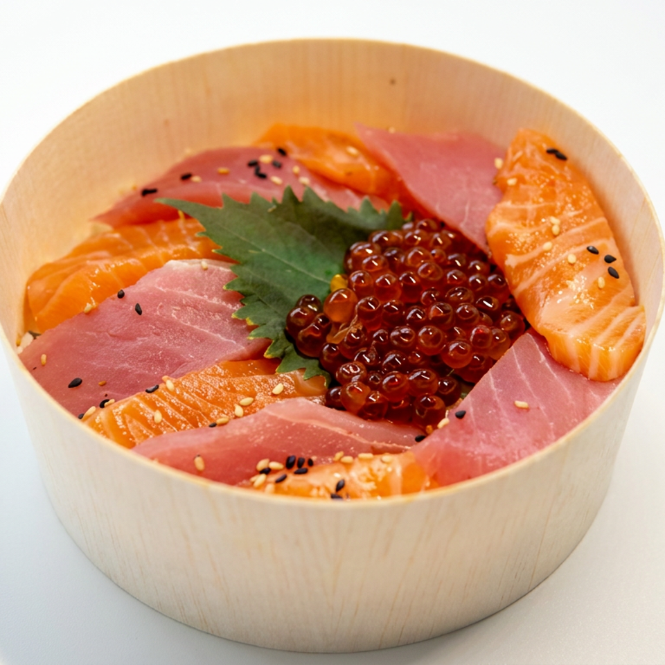 Wooden bowl of salmon and tuna sashimi topped with salmon roe, shiso leaf, and sesame seeds.