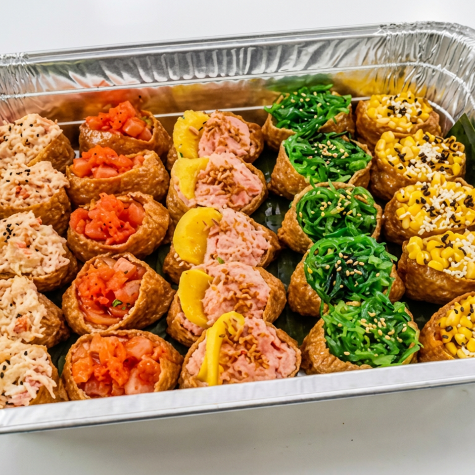 Assorted stuffed fried tofu pockets filled with tuna, tomato, seaweed, and corn, arranged in an aluminum catering tray.