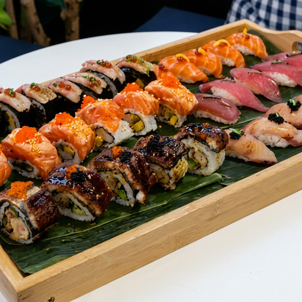 Assorted sushi rolls and nigiri arranged on a banana leaf in a rectangular wooden serving tray.