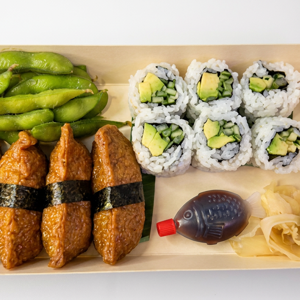 Takeout tray with edamame, avocado sushi rolls, four brown sushi pockets, pickled ginger, wasabi, and a fish-shaped soy sauce bottle.
