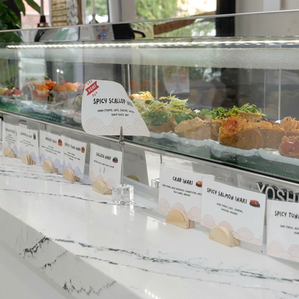 Glass sushi display showcases colorful rolls and inari, with menu cards labeling spicy scallop, crab, salmon, and tuna varieties.