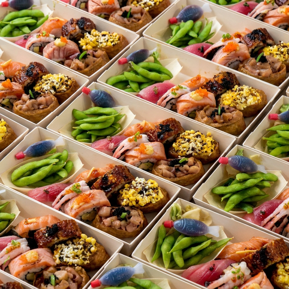 Rows of bento boxes filled with sushi, edamame, assorted seafood, and garnished savory dishes.