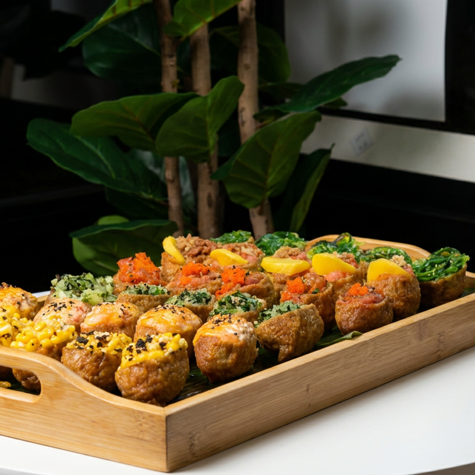 Wooden serving tray filled with colorful topped takoyaki balls on a white table, beside a blue-and-white checkered cushion and leafy plant.