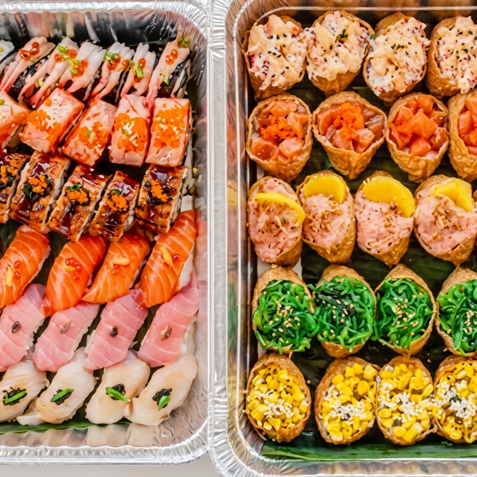 Two aluminum trays filled with assorted sushi rolls, nigiri, and colorful inari pockets arranged in rows.