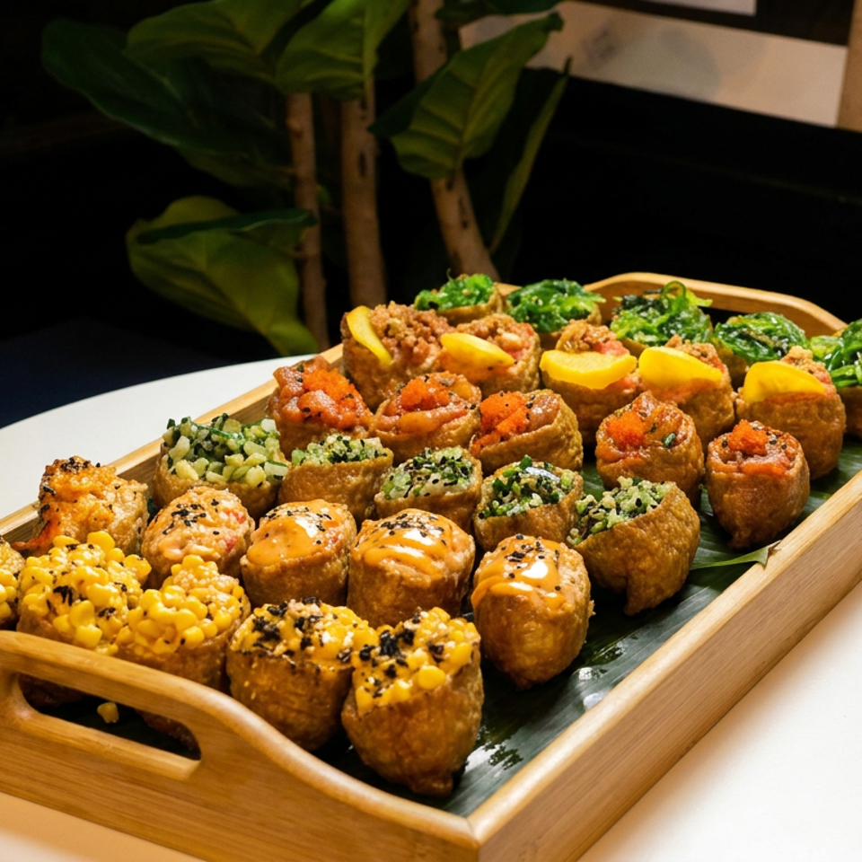 Wooden tray of assorted colorful stuffed sushi-style bites served on a white table in a cozy restaurant setting.