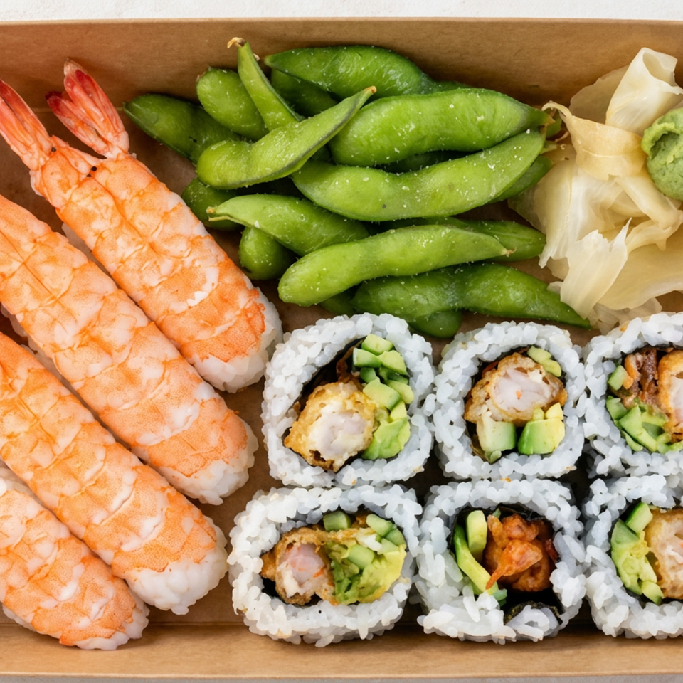 Takeout box containing shrimp, sushi rolls with avocado, edamame, pickled ginger, and wasabi.