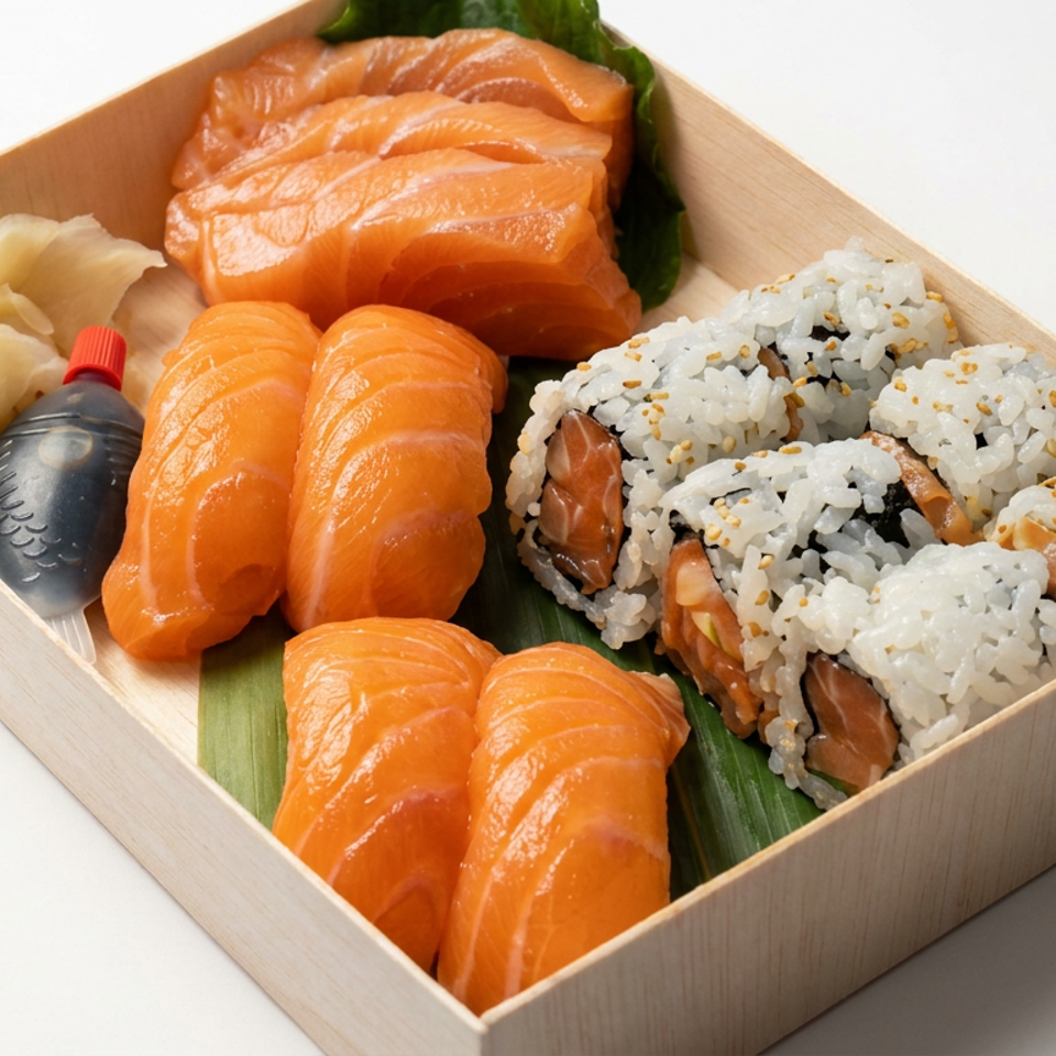 Wooden box containing salmon sushi, salmon rolls, pickled ginger, wasabi, soy sauce, and leafy garnish.