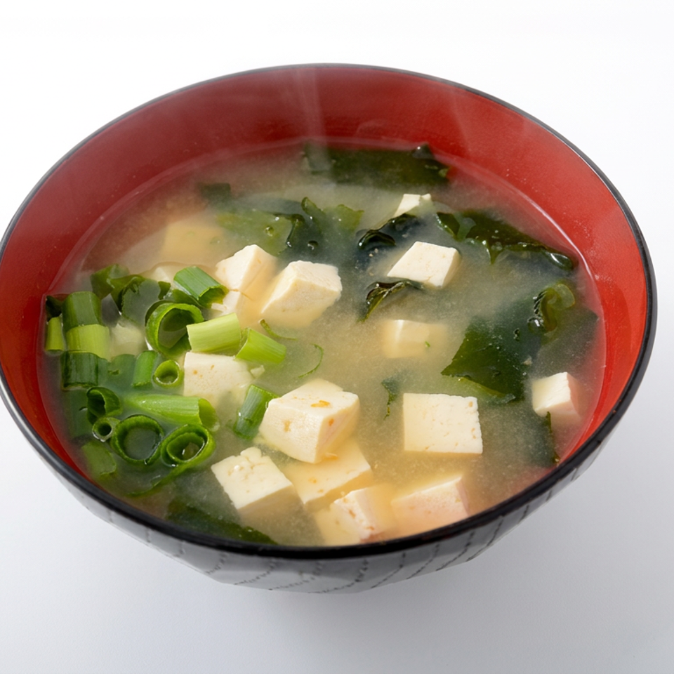 Bowl of Japanese miso soup with tofu cubes, seaweed, and sliced green onions in clear broth.