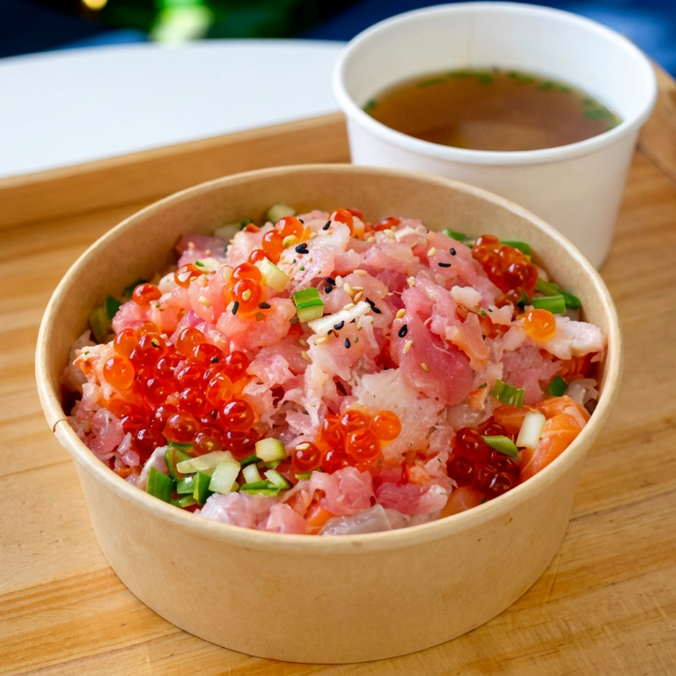 Bowl of diced raw fish topped with salmon roe, scallions, sesame seeds, and a cup of broth on a wooden tray.