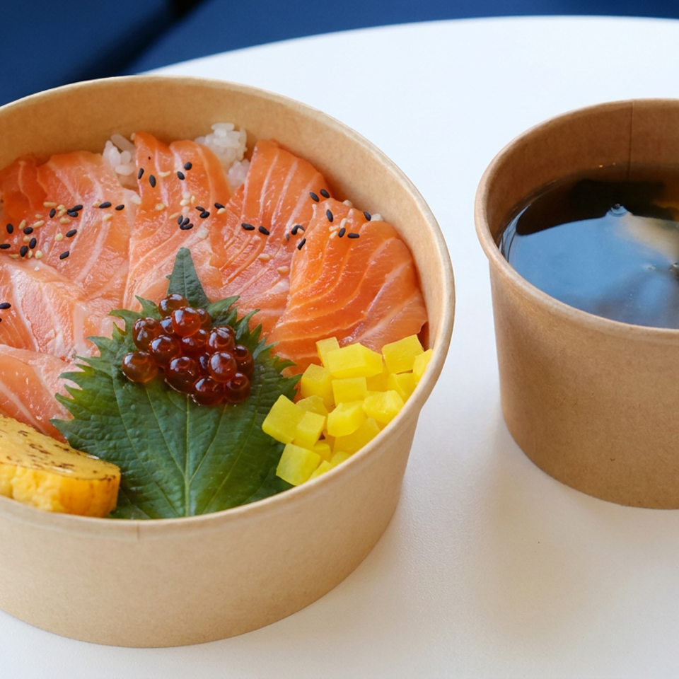 Salmon sashimi rice bowl garnished with sesame seeds, shiso, ikura, tamago, and mango beside a cup of soy sauce.
